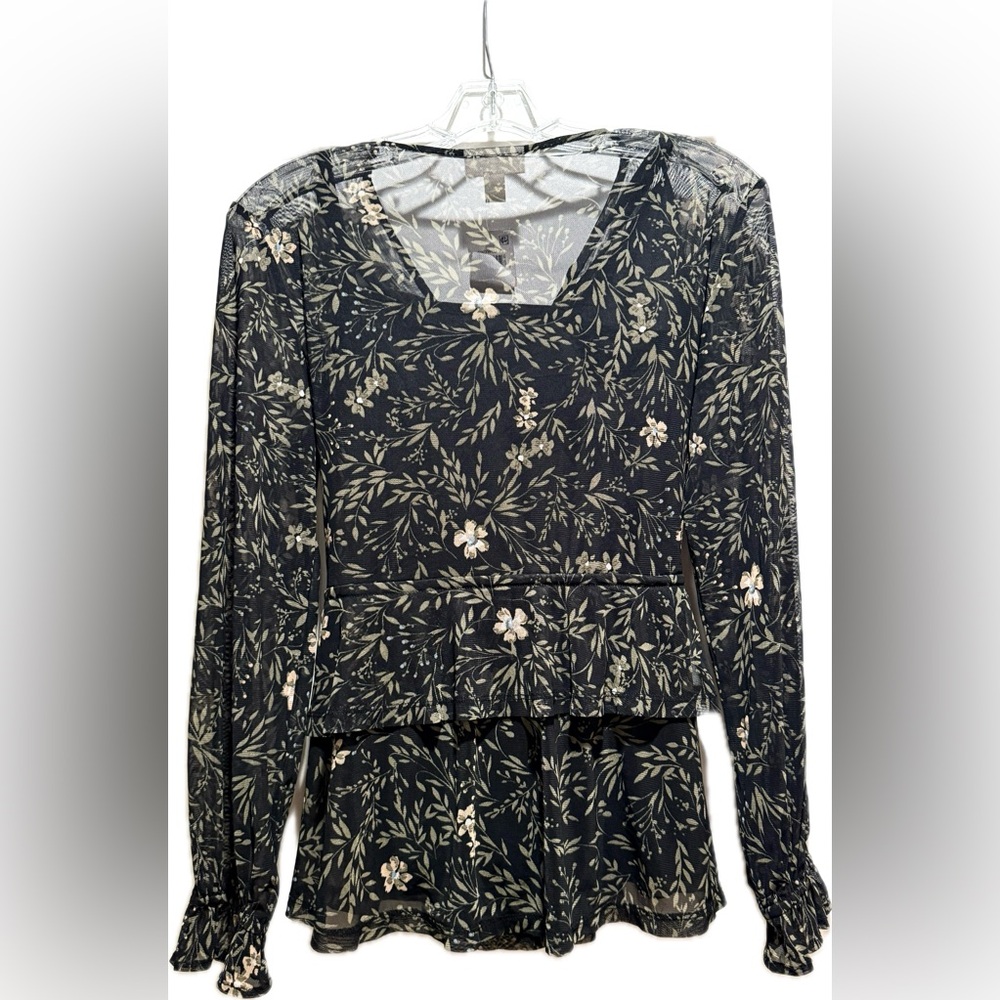 Style & Co black 2 layer stretch cami & mesh peasant blouse S NWT
